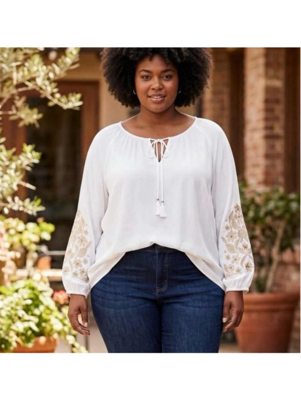 Women's Laura Plus Blouse Size 24 White Gold Embroidered Long Sleeve Top
